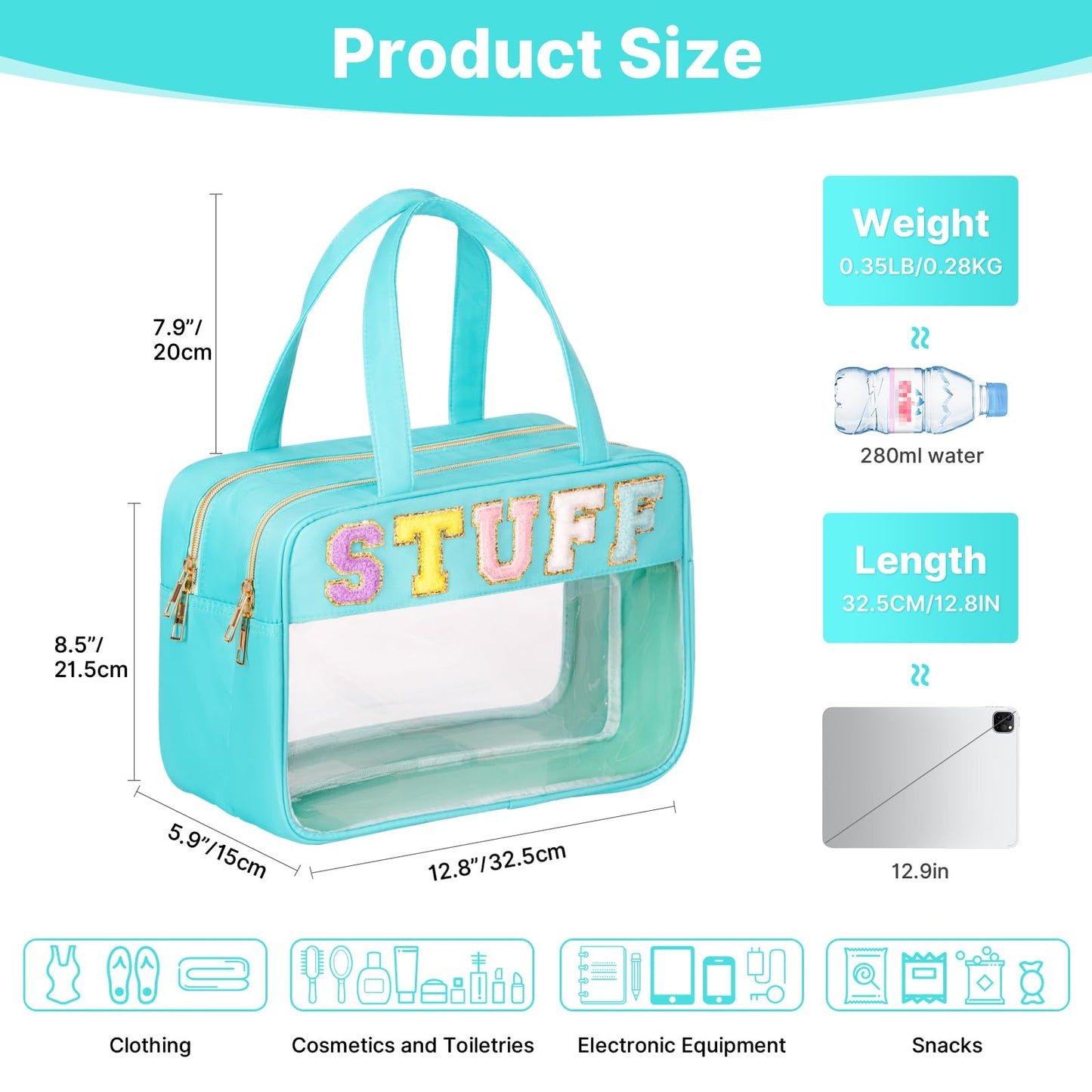 JKAOO Chenille Letter Clear Makeup Bags, Preppy Patch Nylon Makeup Bag with Handles, Waterproof Large Clear Stuff Cosmetic Bag Toiletry Bag (10L Plus Size, Mint Green-STUFF)