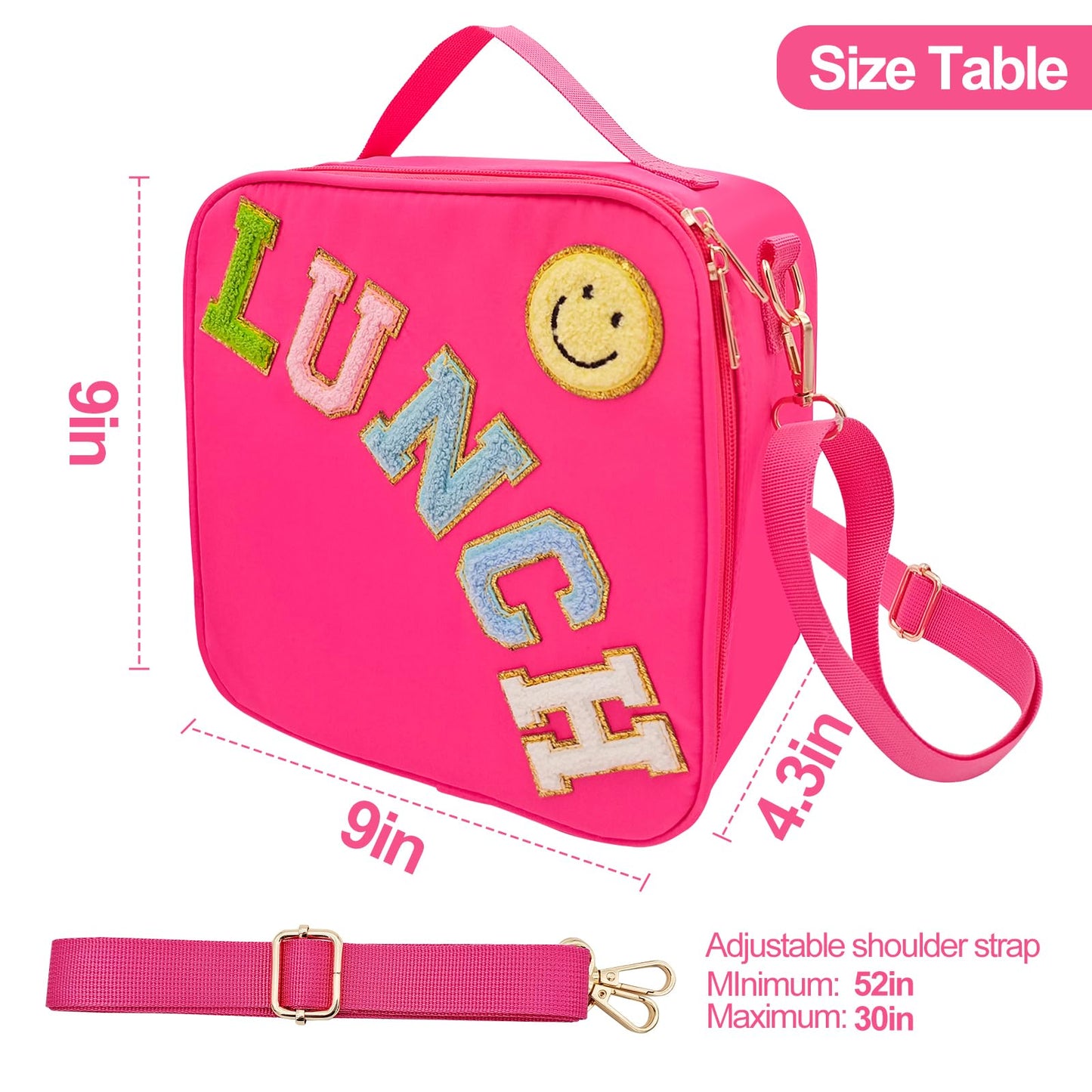 Insulated Lunch Bag With Adjustable Shoulder Strap, Nylon Preppy Lunch Box Large Insulated Lunch Bag Reusable Lunch Tote Bag with Smiley Preppy LunchBag for Girls School Travel Picnic (Rosy Red)