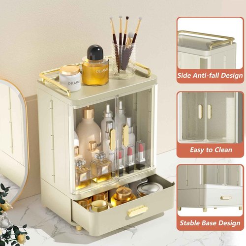 Delamu Bathroom Makeup Organizer Countertop with Drawer, 3-Tier Large Capacity Bathroom Counter Countertop, 15.2' Tall Storage for Perfume, Cosmetic, Skincare and More, Ideal Present for Her, Beige