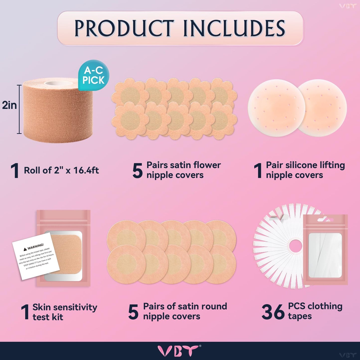 VBT Boob Tape, Breast Tape for Breast Lift with 1 Breast Lift Tape, 10 Pairs Satin Bra Petals, 1 Pair Silicone Nipple Stickers, 36 PCS Double Sided Tape, Bob Tape for Large Breasts A-G Cup Nude