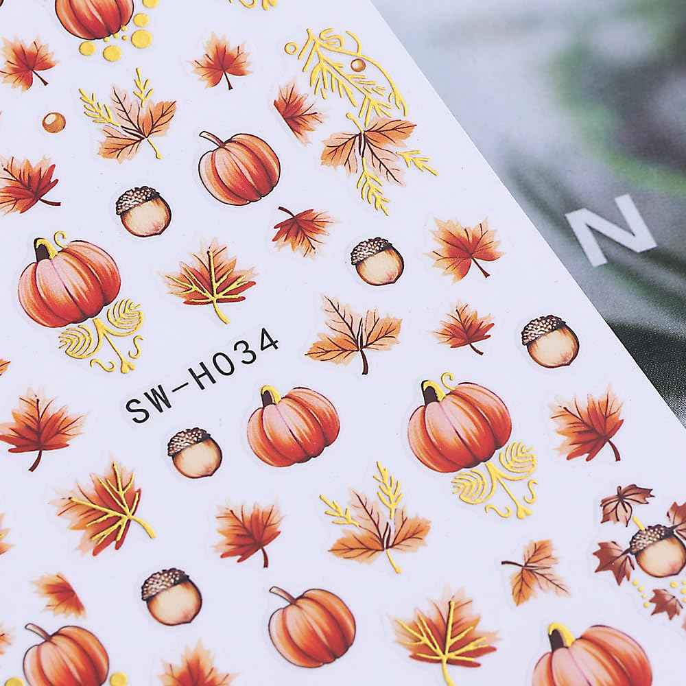 Pumpkin Nail Art Stickers Fall Maple Leaf Nail Decals 6PCS Maple Leaves Pumpkin Nails Design 3D Self-Adhesive Nail Art Supplies Fall Stickers for Nails Thanksgiving Day Women DIY Manicure Decorations