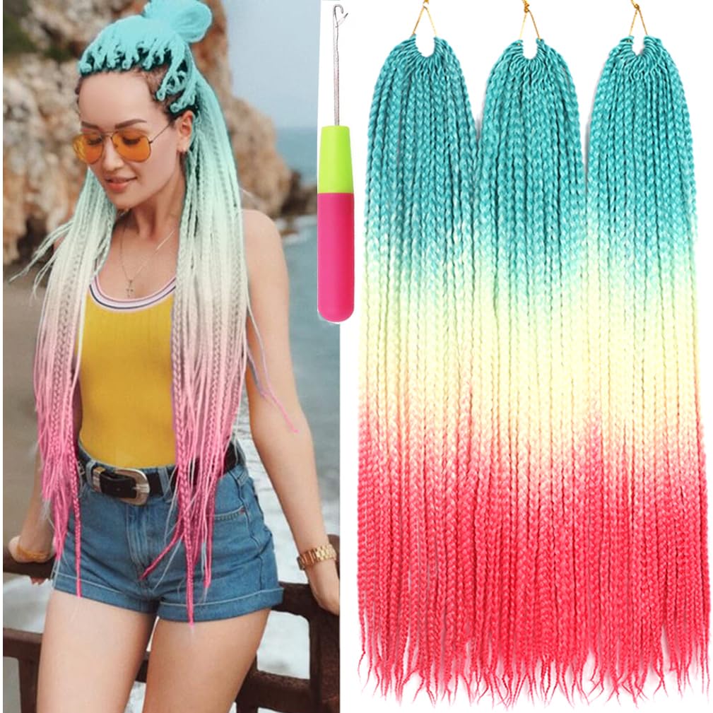 Box Braids Crochet Hair 24 Inch Prelooped Crochet Hair Extensions Hand Made 3 Packs Twist Crothet Braids Hair for Girls and Women Rainbow Braiding Hair Extensions 22 Strands/Pack (C53)