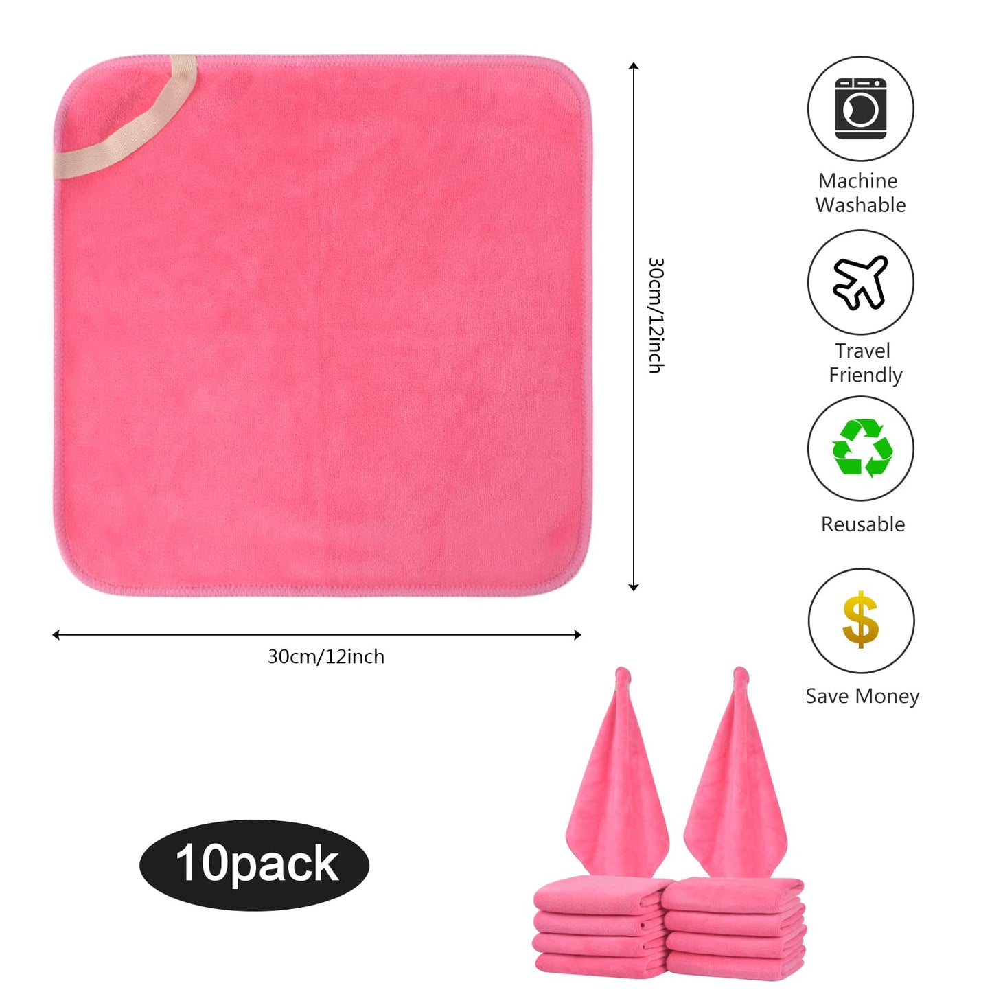 SINLAND Microfiber Facial Cloths Fast Drying Washcloth 12inch x 12inch Dark Pink 10 pack