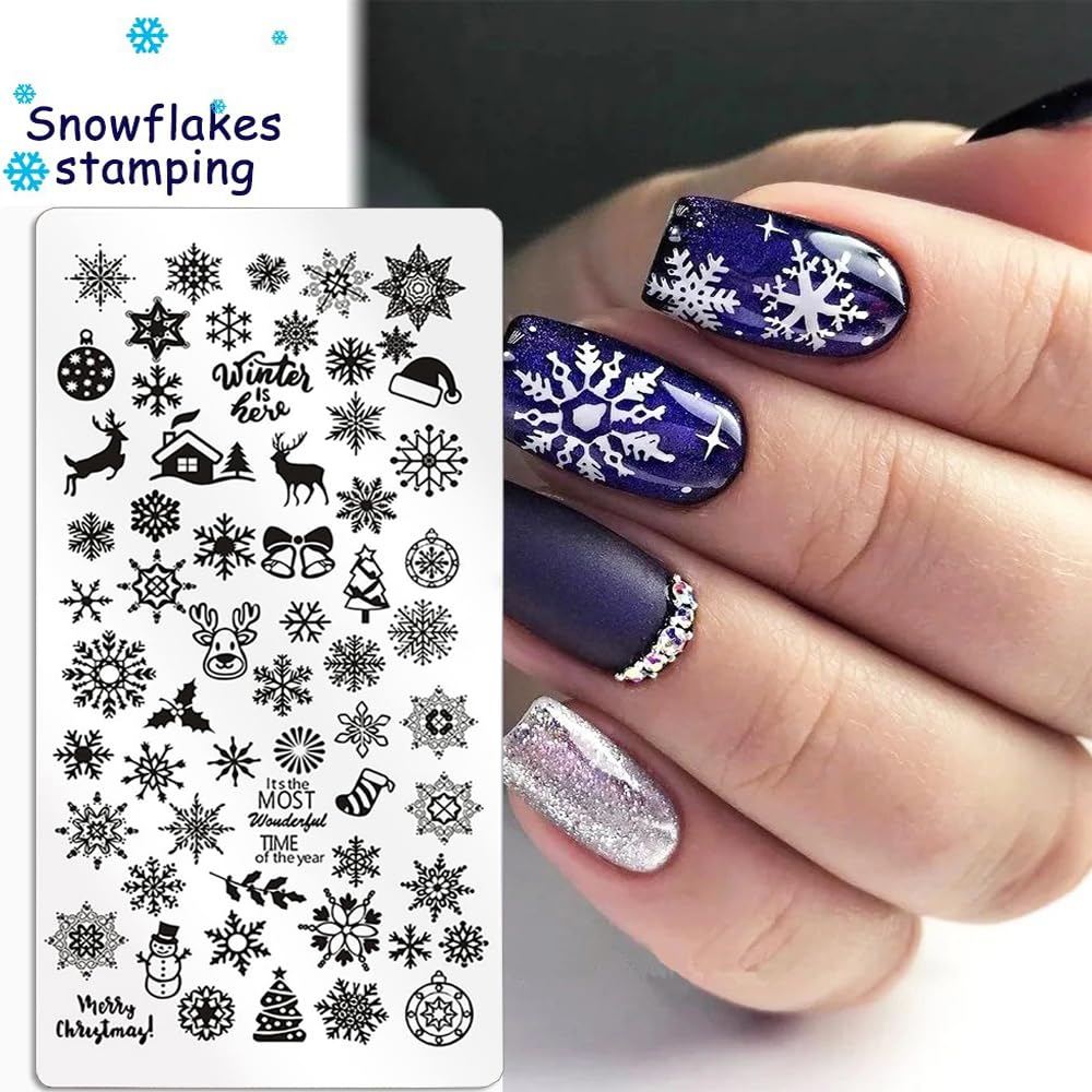 6Pcs Christmas Nail Stamper Kit Stainless Steel Image Nail Stamping Plate Christmas Snowflake Santa Claus Elk Socks Penguin Nail Stamper Templates Gel Nail Polish for DIY Christmas Nail Manicure Set