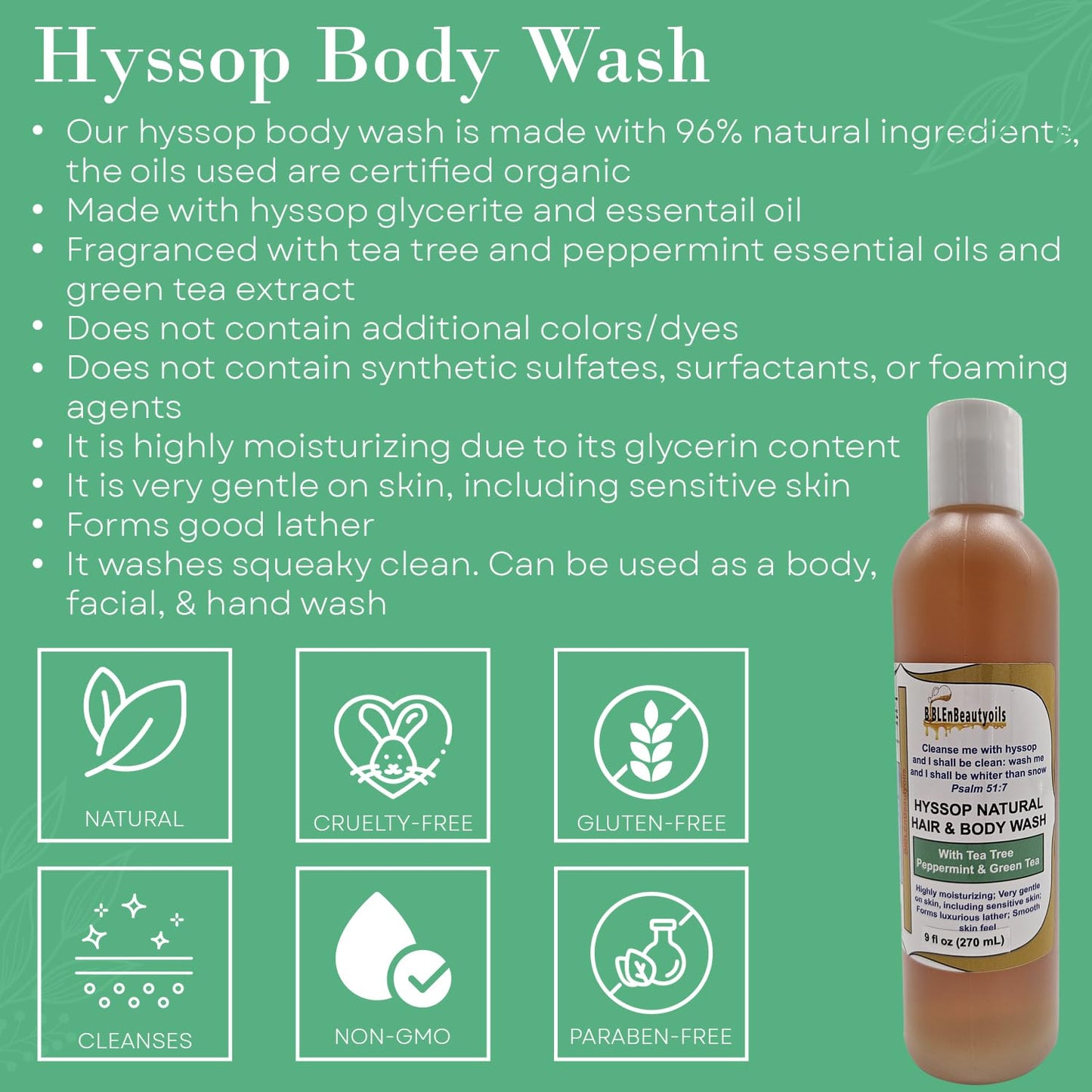 BIBLE N Beautyoils Cleanse Me With Hyssop Natural Hair and Body Wash, Organic Hyssop Infused Shampoo and Body Wash for Nourishing and Refreshing Hair & Body Cleansing (Tea Tree Peppermint & Green Tea)