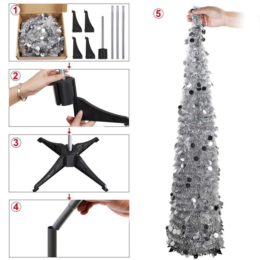 AerWo 5ft Pop Up Christmas Tinsel Tree with Stand, Gorgeous Collapsible Artificial Christmas Tree for Christmas Decorations