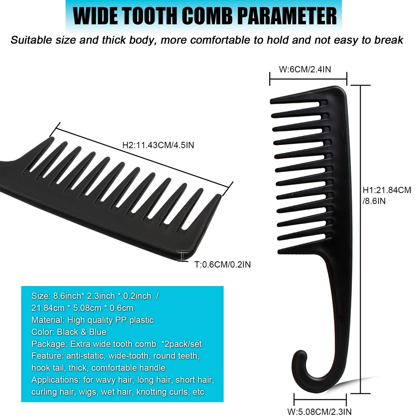 2PCS Premium Wide Tooth Comb, Shower Combs for Wet Curly Hair, Large Detangling Comb with Hook for Curls, Wigs, Detangler Hair Brush with Handgrip for Knotting Wavy, Thick, Dry Hair Stylist