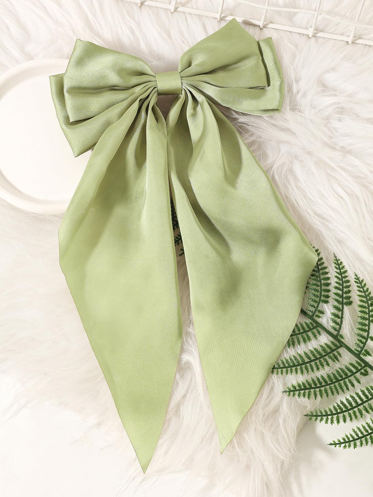 Furling Pompoms Hair Bows for Women - Pack of 2 Light Green Hair Bow Clips for Girls Satin Big Bows Long Tail Alligator Clip Ribbon Hair Barrette Hair Accessories for Bridal Bachelorette Party