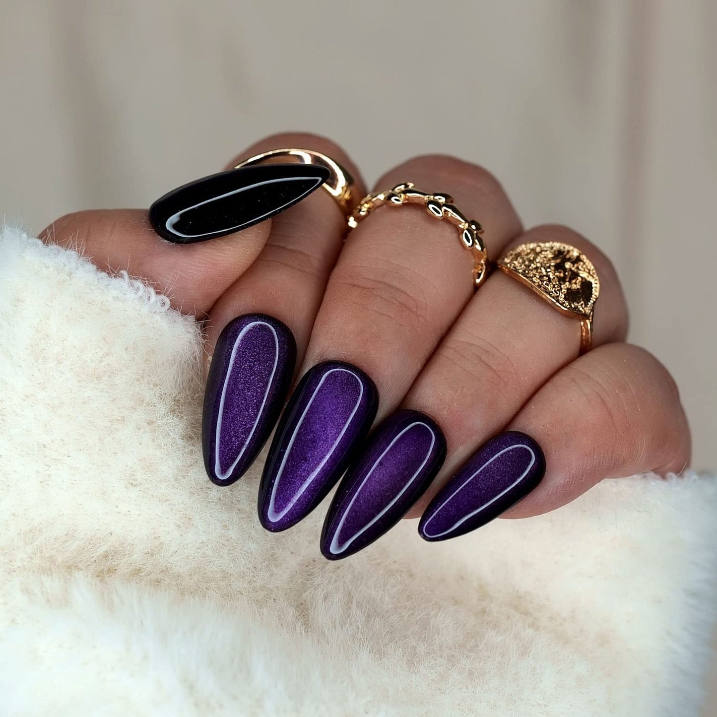 10 Pcs Handmade Press on Nails (Extra Small, Purple Cat Eye/Purple Moon Stone on Black/Almond) A009XS