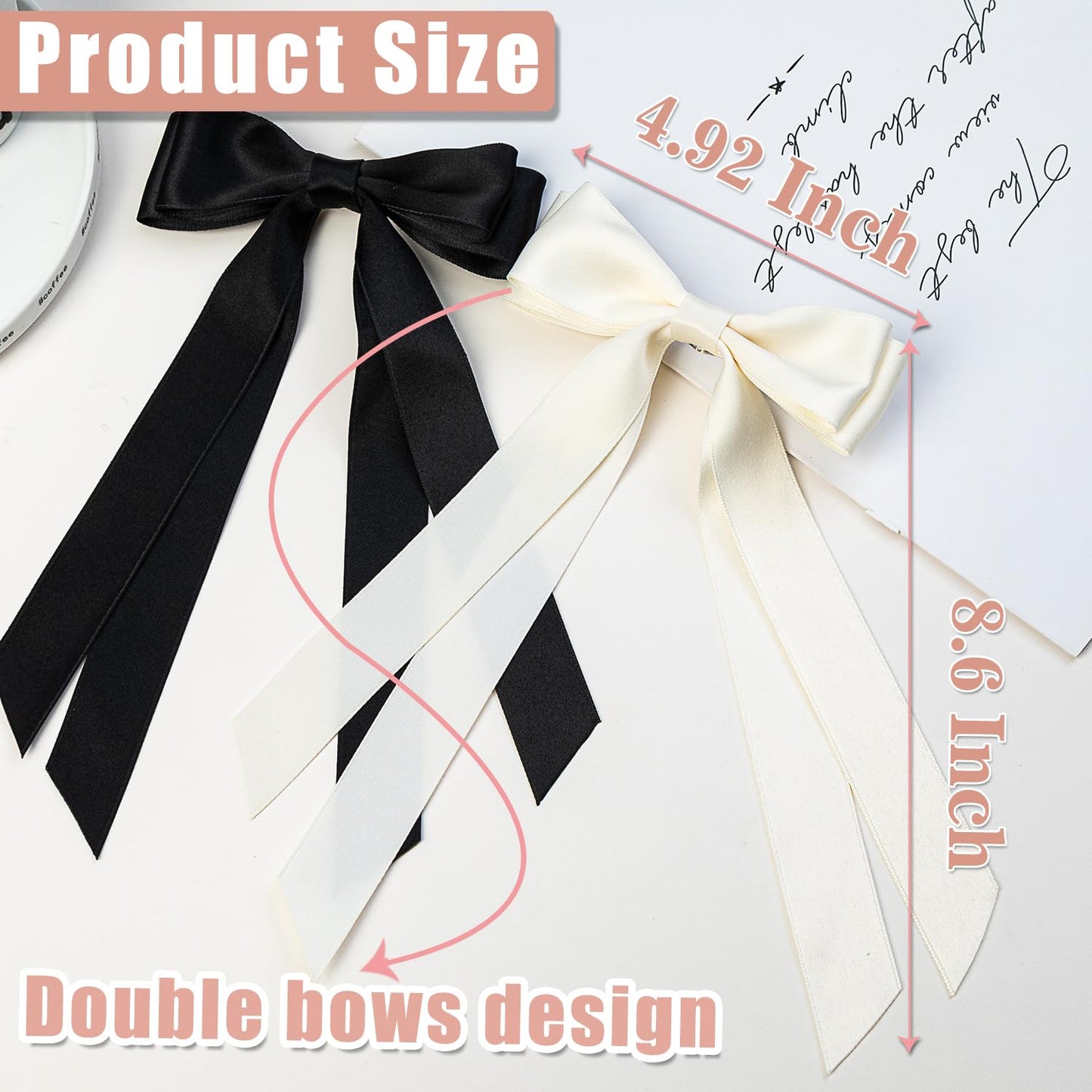 Large Double Ribbon Hair Bows and Barrettes - 2 PCS Hair Bow Claw Clips and Ribbons Accessories for Women (Beige, Black)