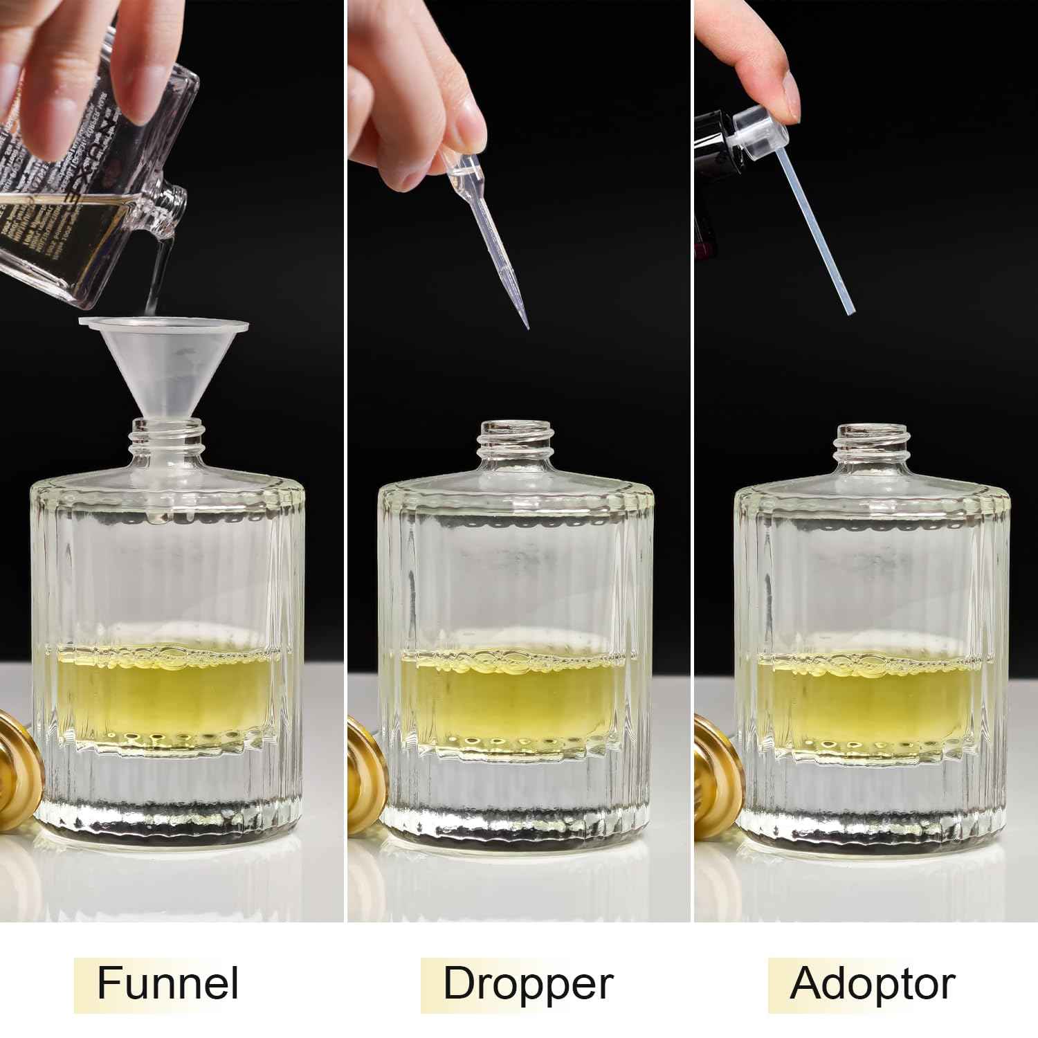 Yerpkefey 50ml/1.7 Oz Glass Spray Bottle Perfume Atomizer,Round Glass Perfume Travel Refillable Spray Bottle Empty with 3 Kinds of Dispenser (Clear1)