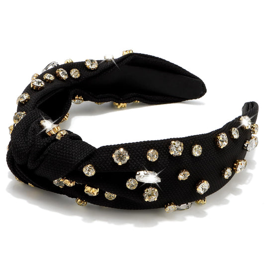 Canitor Black Headband Rhinestone Knotted Headbands for Women Top Knot Headband Head Bands for Women's Hair Embellished Fashion Hair Accessories for Girls