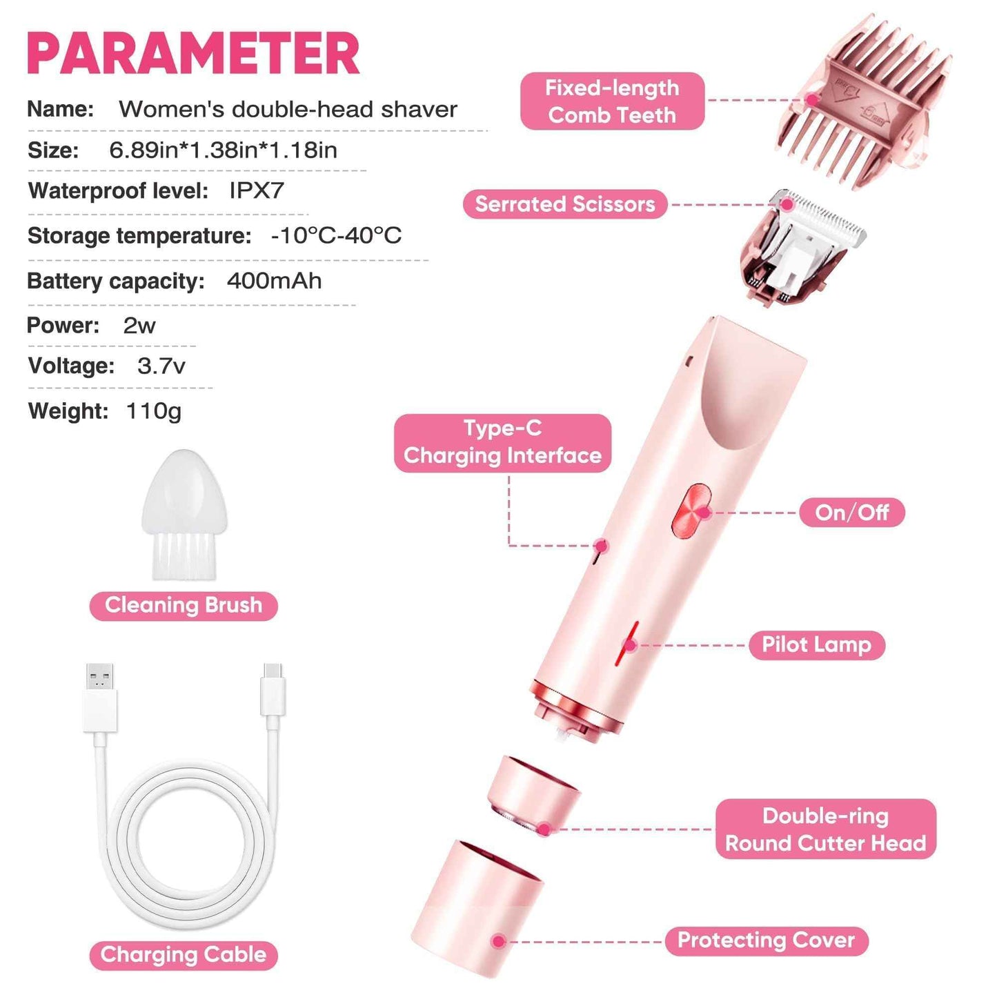 Bikini Trimmer for Women, Electric Razor & Shaver with Dual Ceramic Blades, Painless Hair Removal for Face, Body & Intimate Areas, 90min Cordless Runtime, Waterproof Travel Grooming Kit
