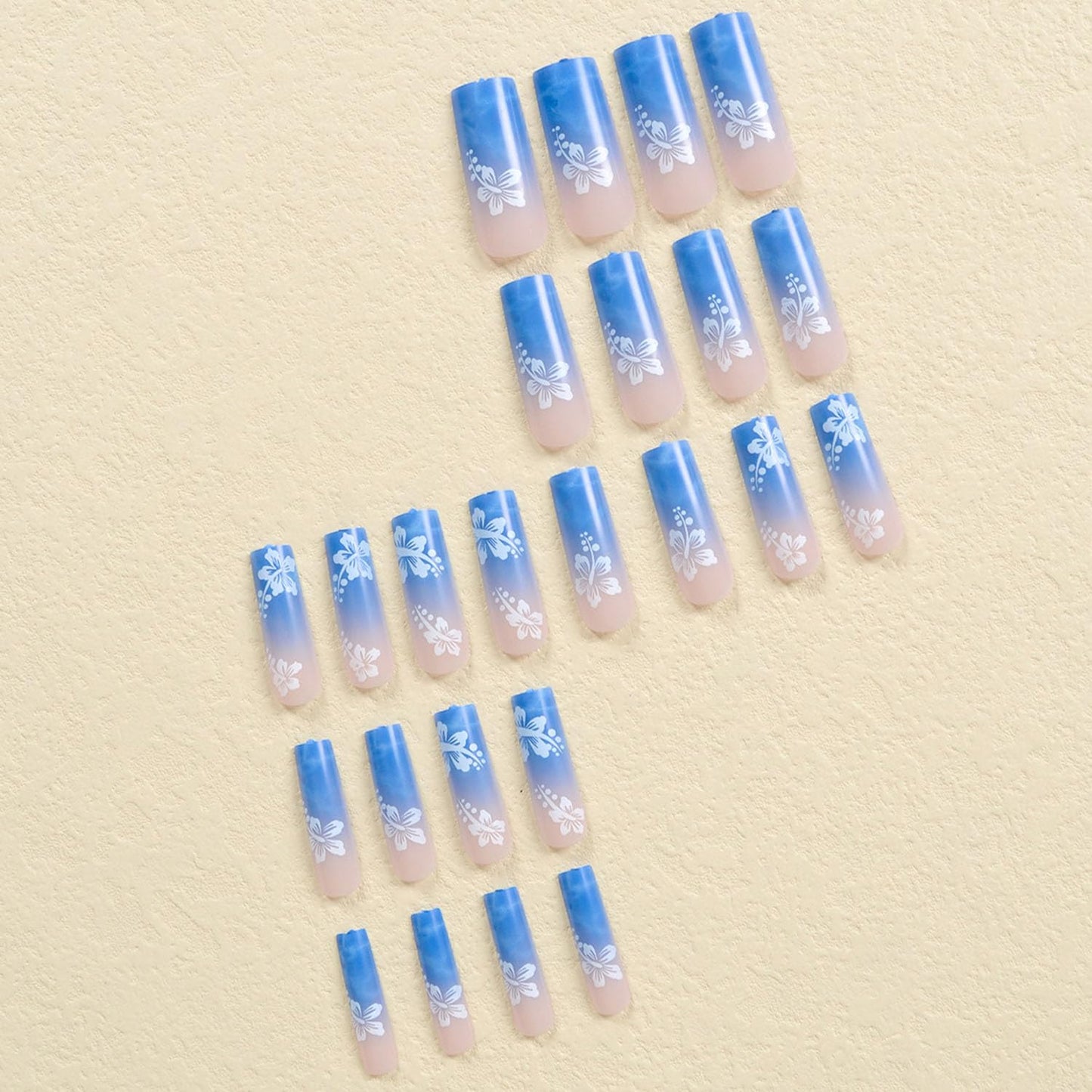 Press on Nails Long Fake Nails with White Flowers Designs Square Full Cover Nails Press ons Blue Ombre Acrylic Nails Extra Long Artificial Ocean Spray Stick on Nails for Women 24 Pcs