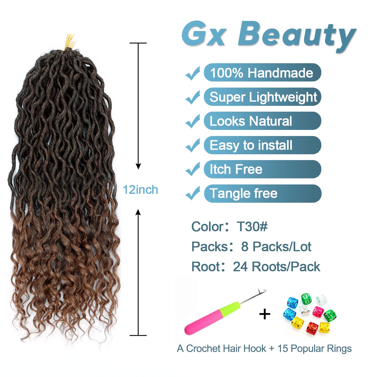 Goddess Locs Crochet Hair - 8 Packs 12 Inch Curly Faux Locs Crochet Hair for Black Women, Crochet Pre-Looped Curly Hair Faux Locs Synthetic Braiding Hair Extensions (20 Inch, 8 Packs, T27#)