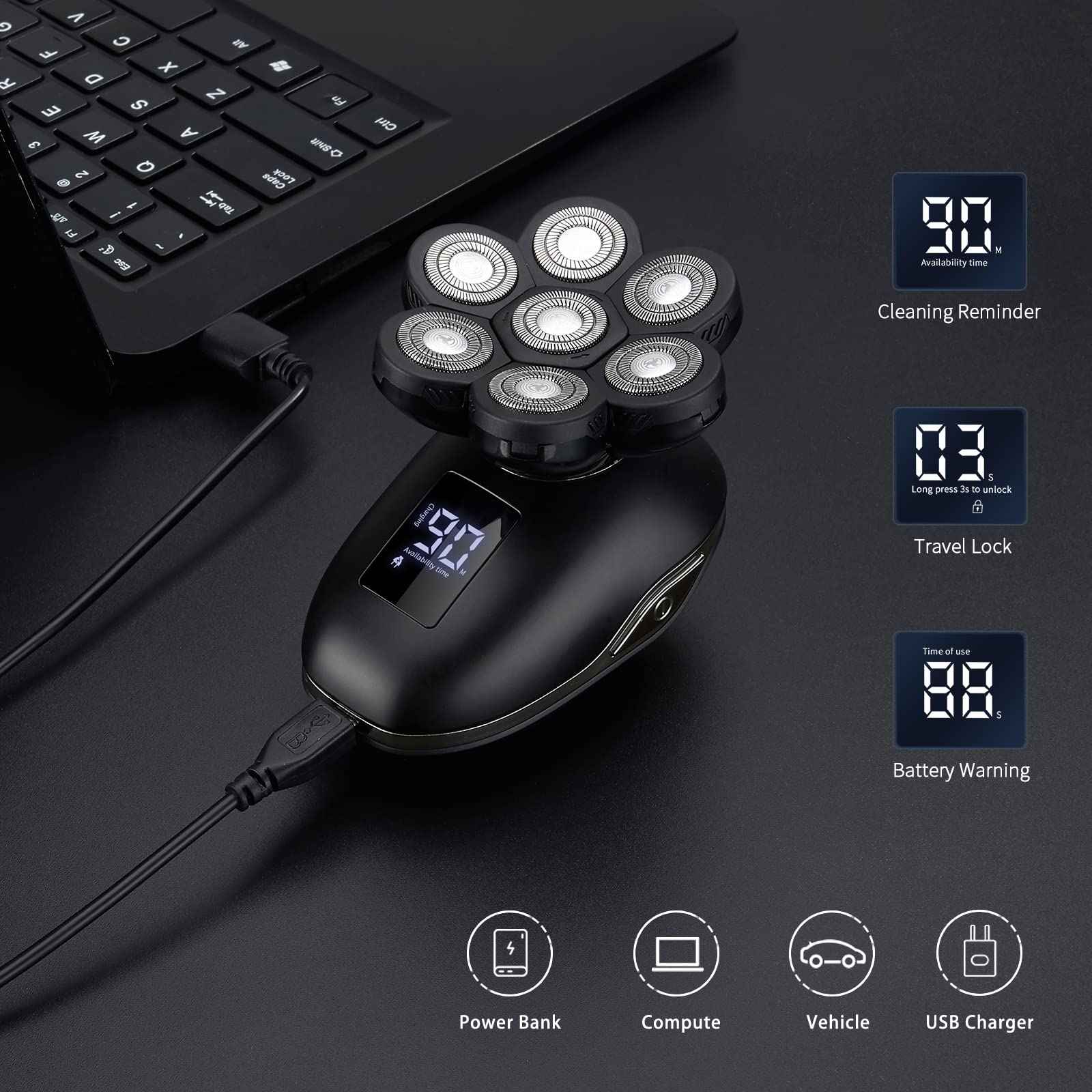 UPTARD Electric Head Shaver for Bald Men - LED, Travel Lock, Nose Hair & Sideburns Trimmer