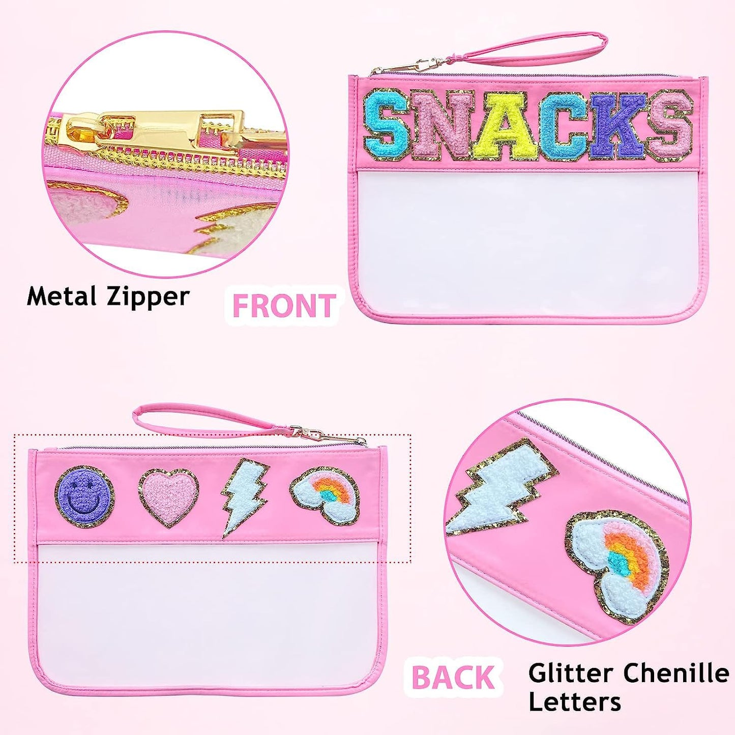 dark swan 1PCS Chenille Patch Nylon Pouch,Clear Waterproof Snacks Bag,With Preppy &Letter Double Sided Patches Multi-purpose Makeup Travel Bag for Women Girls