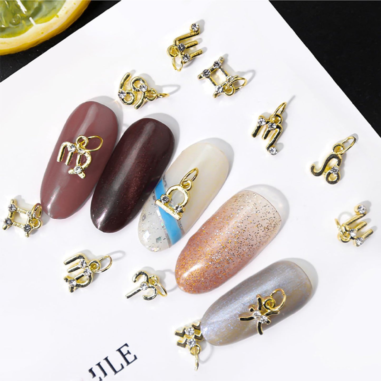 SILPECWEE 36pcs Zodiac Nail Charms 3d Gold Silver Zodiac Sign Nail Letters Flat Back Nail Rhinestones Crystal Diamond Constellation Nail Jewels Studs Alloy Nail Art Decoration