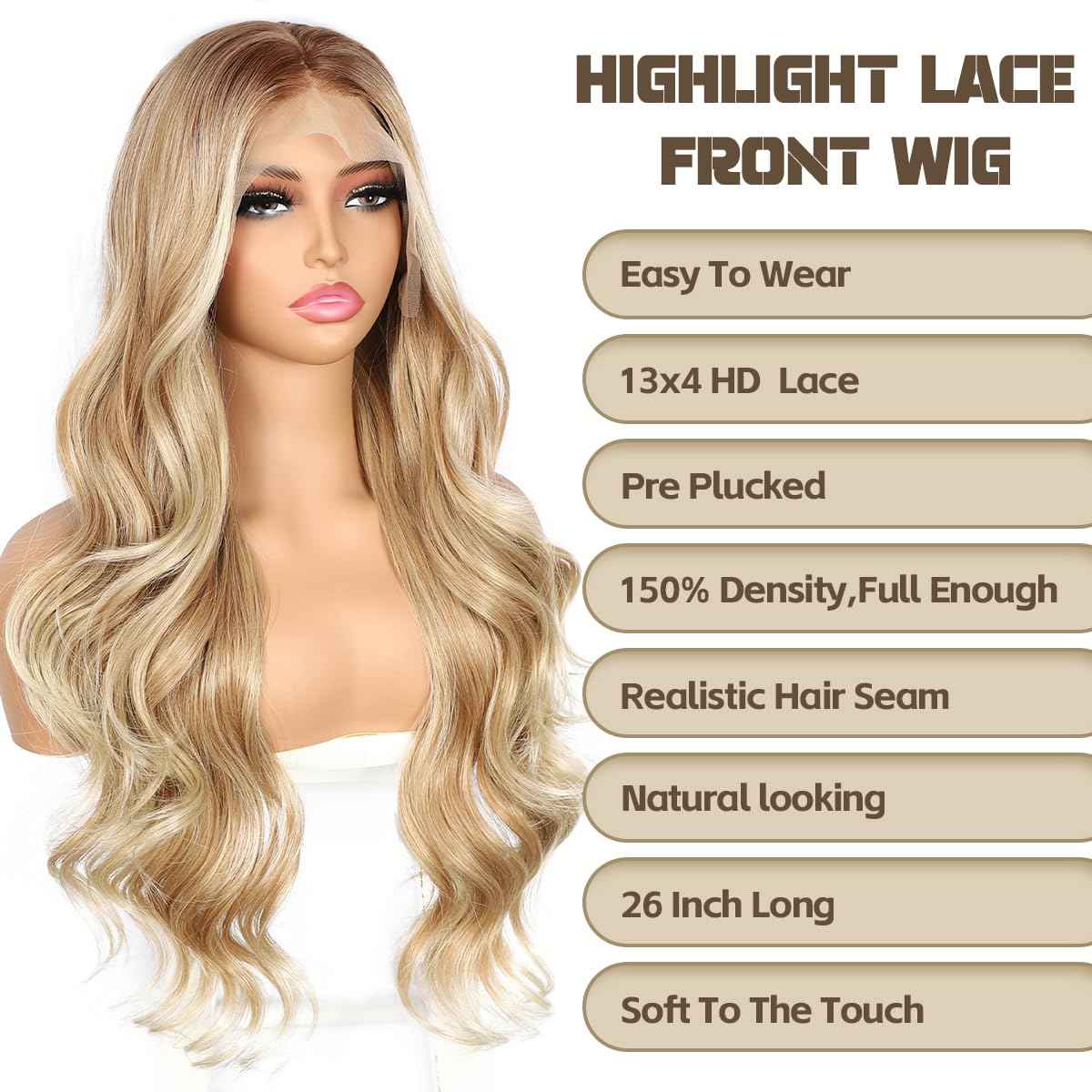 BABEHERS Honey Blonde Lace Front Wig for Women 13x4 Body Wave Synthetic Wigs Highlight Pre-plucked Long Wavy 150% Density Natural Heat Resistant Hair Daily Use 26 Inch