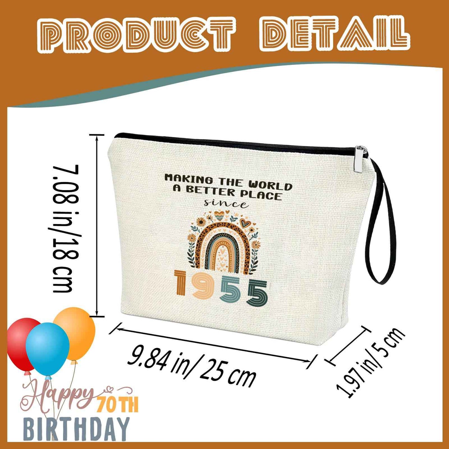 APAKUTA 70th Birthday Gift for Women 1955 Year Gifts Idea Boho Makeup Bag 70-Year-Old Decoration Gifts for Grandma Wife Aunt Friend Cosmetic Bag Organizer Zipper Pouch Gift for Retirement Anniversary