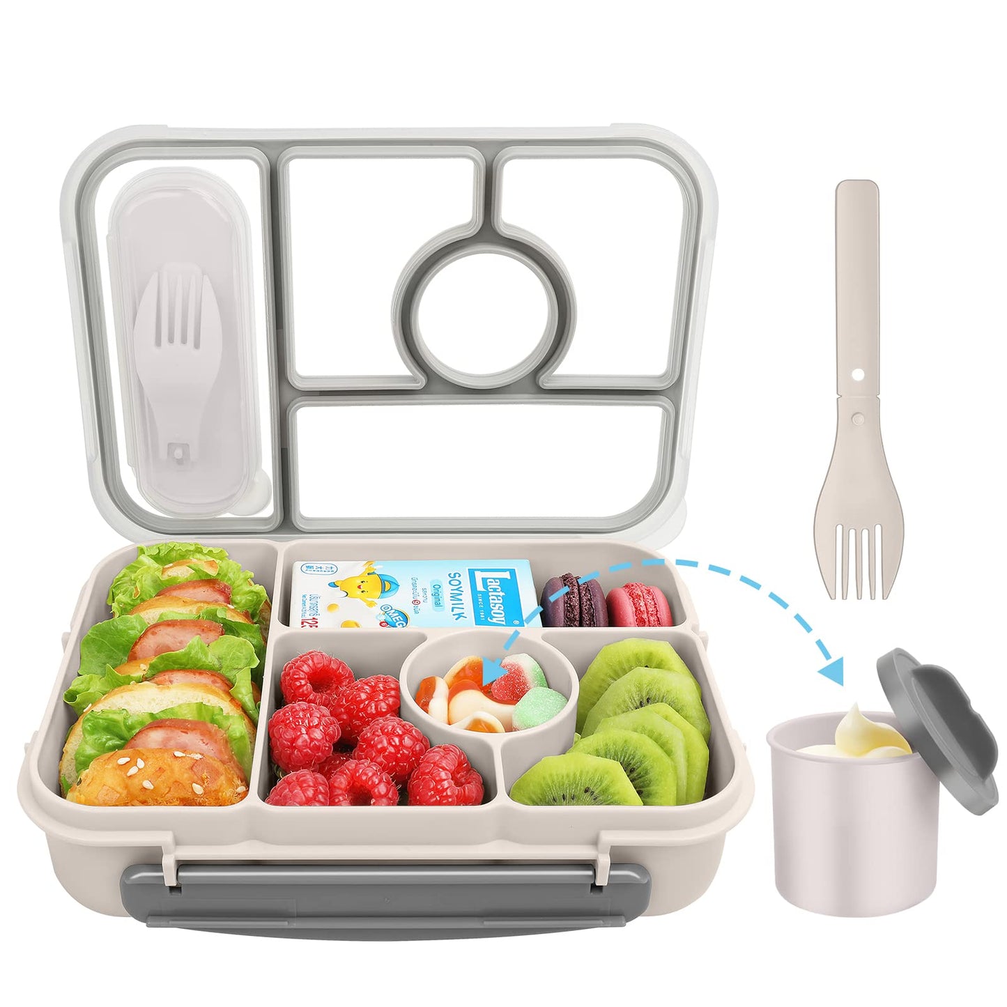 Demiue Lunch Box for Adults/Kids/Toddler,5 Compartments Bento Lunch Containers with Sauce Vontainers,Microwave & Dishwasher & Freezer Safe,BPA Free(White)