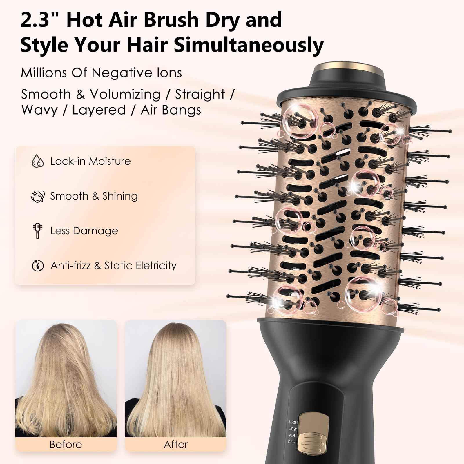 Ymguspri Travel Dual Voltage Hair Dryer Brush, Mini Auto Blow Dryer Brush in one, 2 Inch One Step Hot Air Hair Dryer and Styler for Home & Salon with EU&UK Plug (Gold)