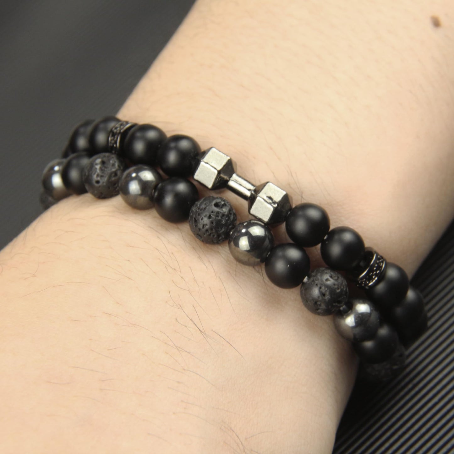 Black Obsidian Bracelet - Dumbbell Bracelet - Tourmaline Beaded Bracelets, 8MM Black Onyx Hematite Lava Stone Beads Triple Protection Bracelet for Men Women Gifts