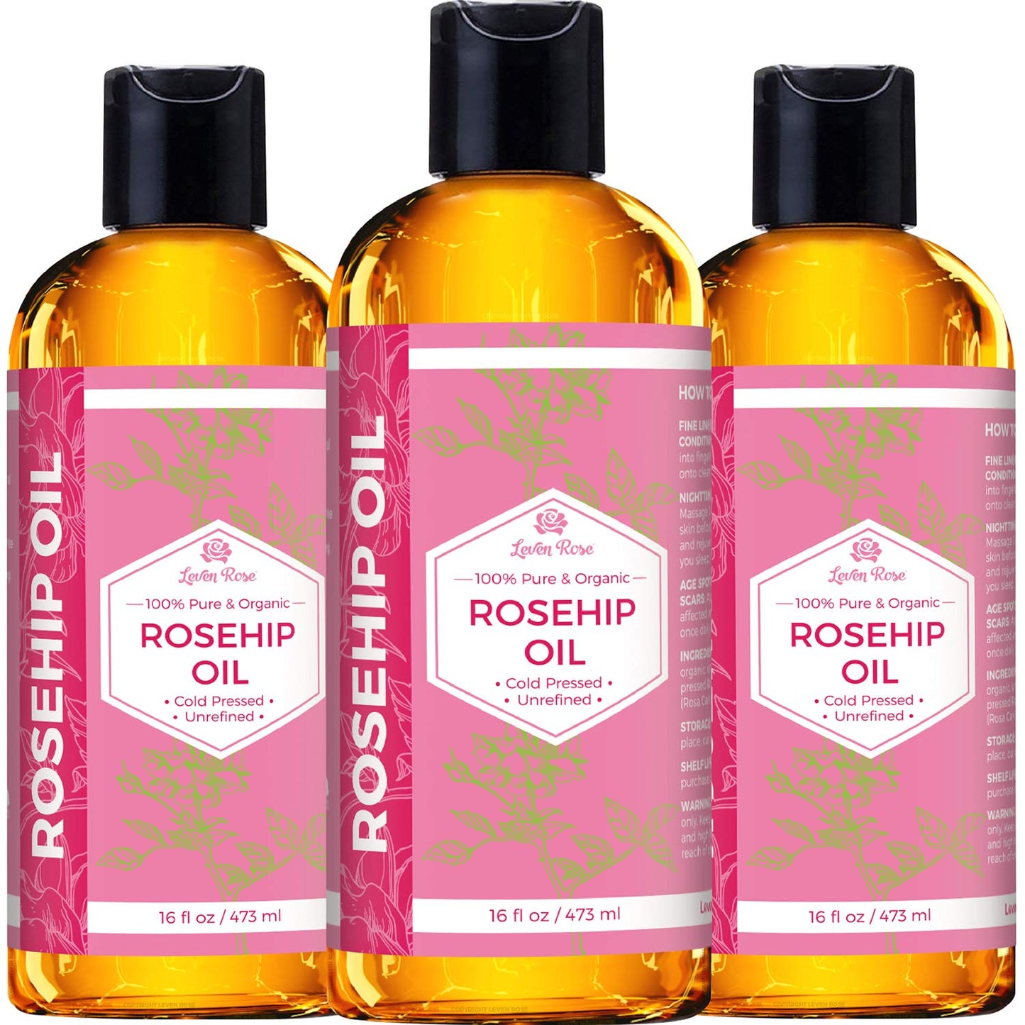 Leven Rose Rosehip Seed Oil for Face 16 oz - Pure Rosehip Oil for Face - Unrefined Cold Pressed Rosehip Oil for Body - Nighttime Face Moisturizer for Hair, Skin & Nails