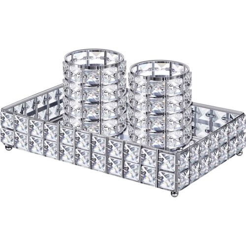 3 Pieces Crystal Makeup Brush Holder Organizer Vanity Makeup Tray Set, 2 Pcs Crystal Bling Cosmetics Brushes Cup 1 Storage Jewelry Trinket Tray Bathroom Sink Vanity Trays, 11.81 x 7.87 x 2.76 Inch