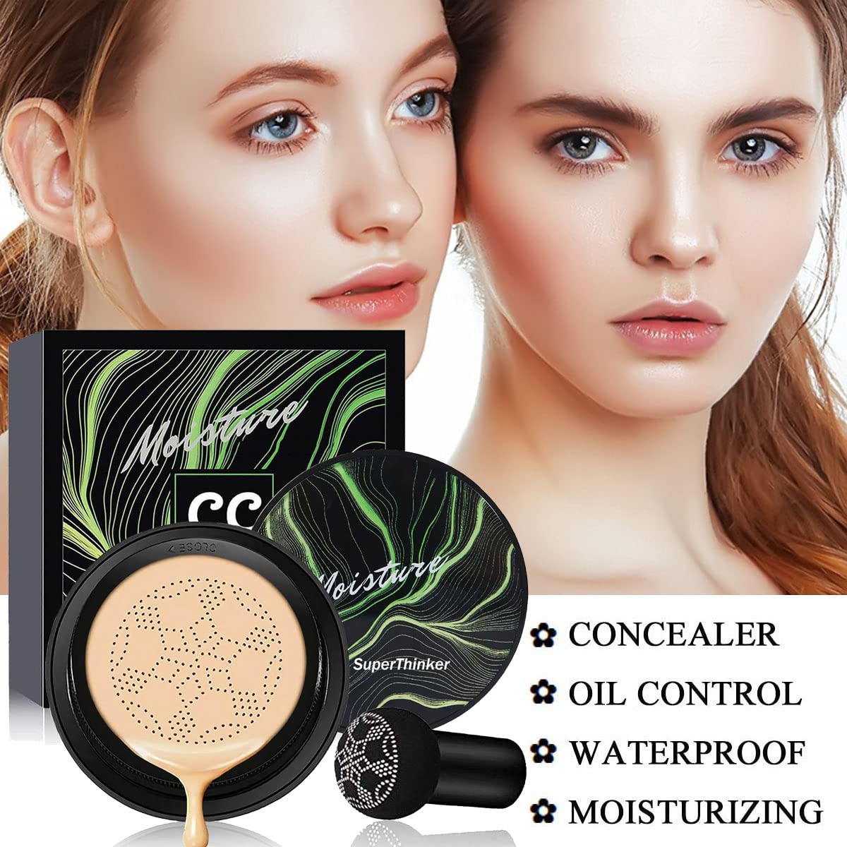 Air Cushion CC Cream Mushroom Head Foundation, Moisturizing BB Cream Makeup Long Lasting Matte Concealer (Nude)