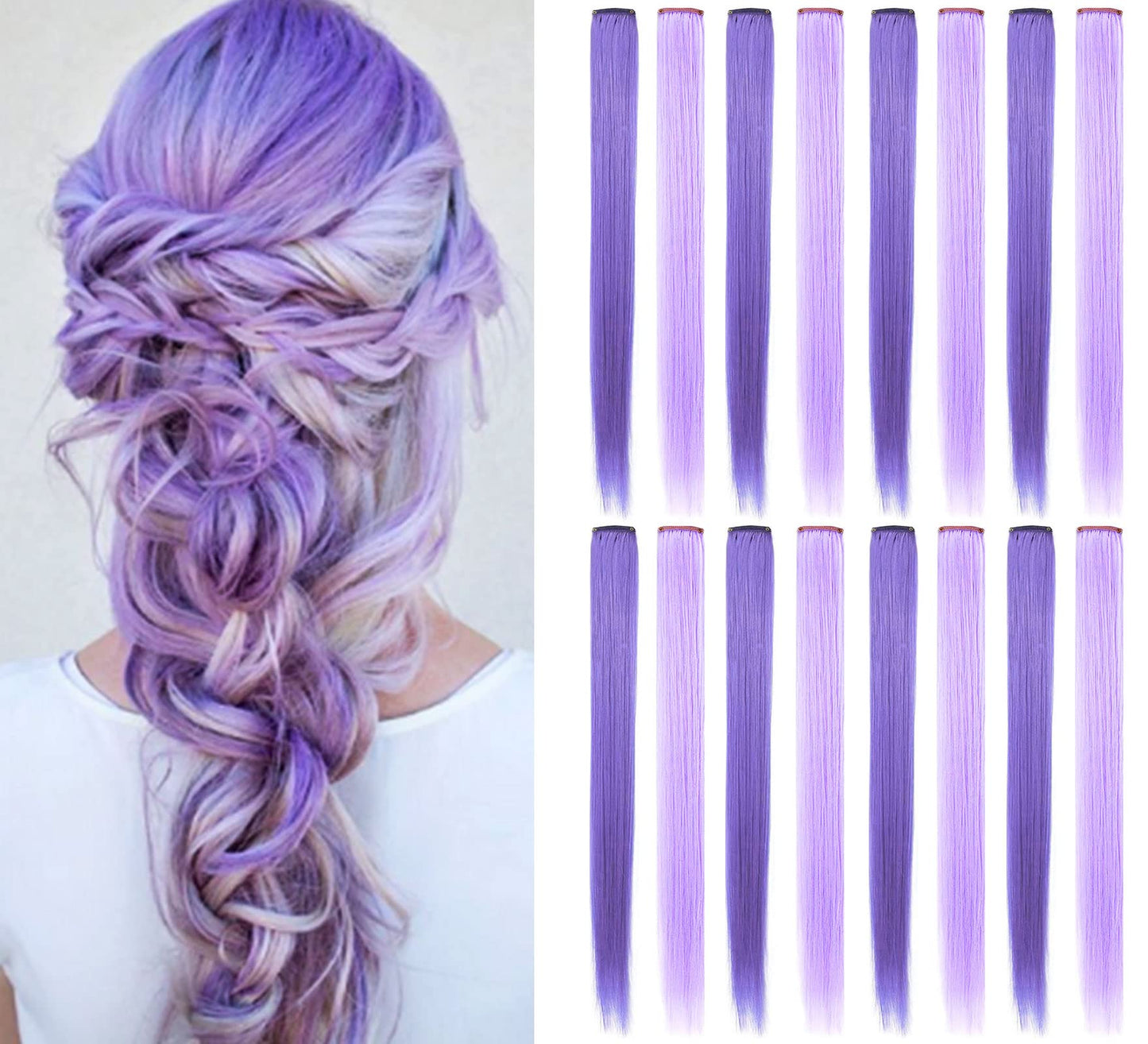 SARARHY Colored Hair Extensions 21 inch Multicolors Party Highlights Straight Hair Extension Clip In/On For girls and Women Costume Wig Pieces 16 PCS (Lavender Light purple)