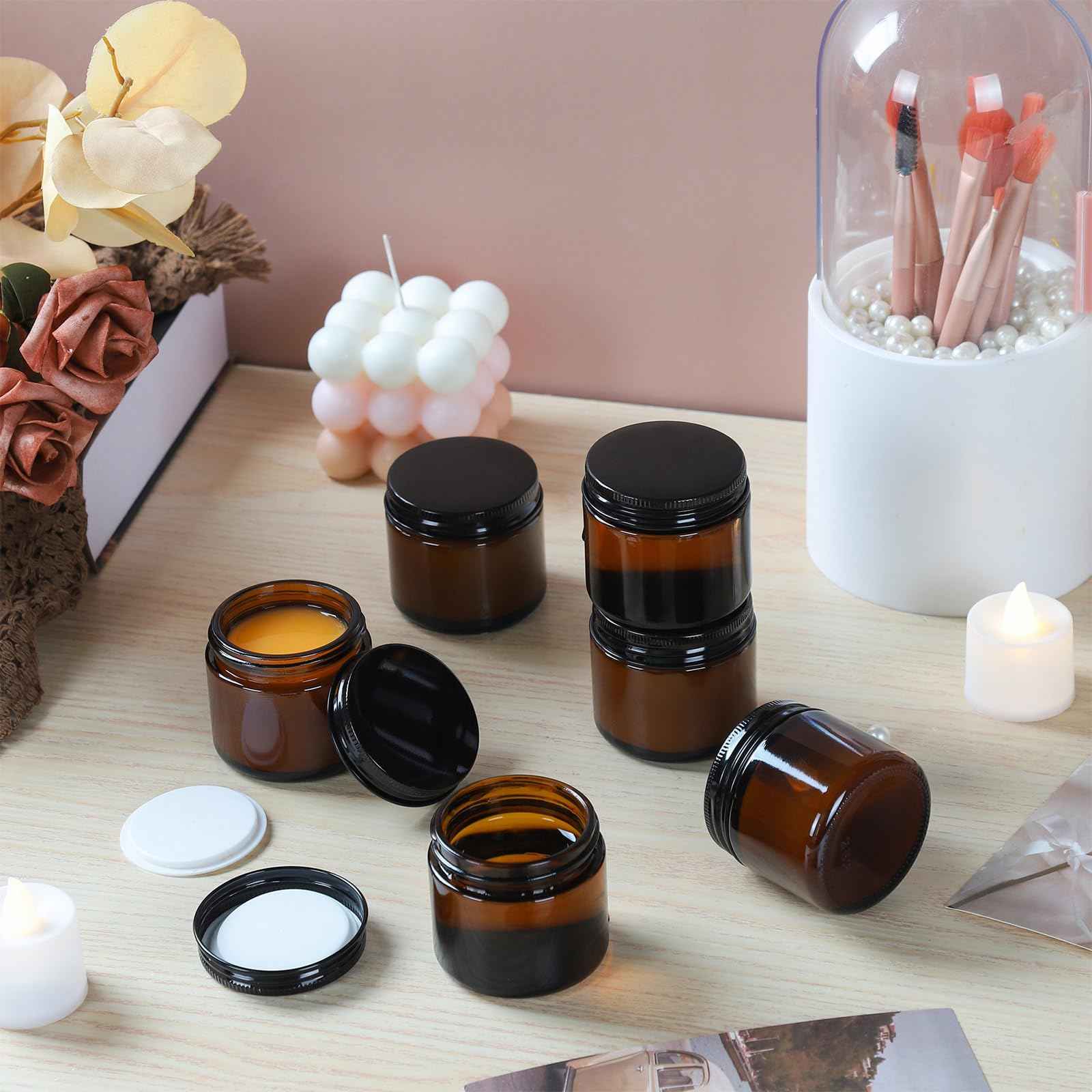 RAMFIYN 2oz Empty Amber Glass Jars with Lids 24 Pack Cosmetic Containers with Lids for Travel Lotion Cream Candle