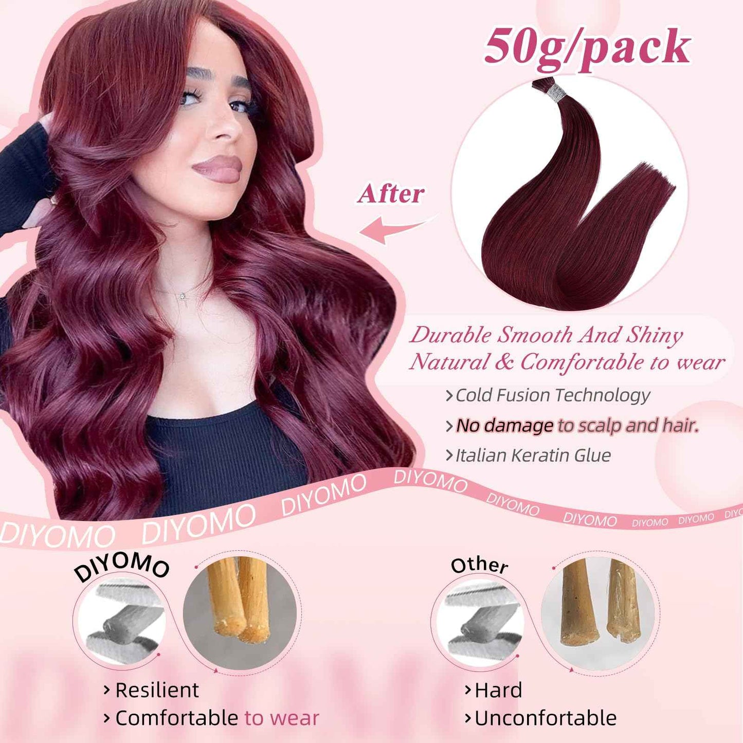 DIYOMO I Tip Hair Extensions Human Hair Wine Red Remy Itip Human Hair #99J Burgundy 20inch Pre Bonded Invisible I Tip Hair Extensions Straight Stick 50g/60s