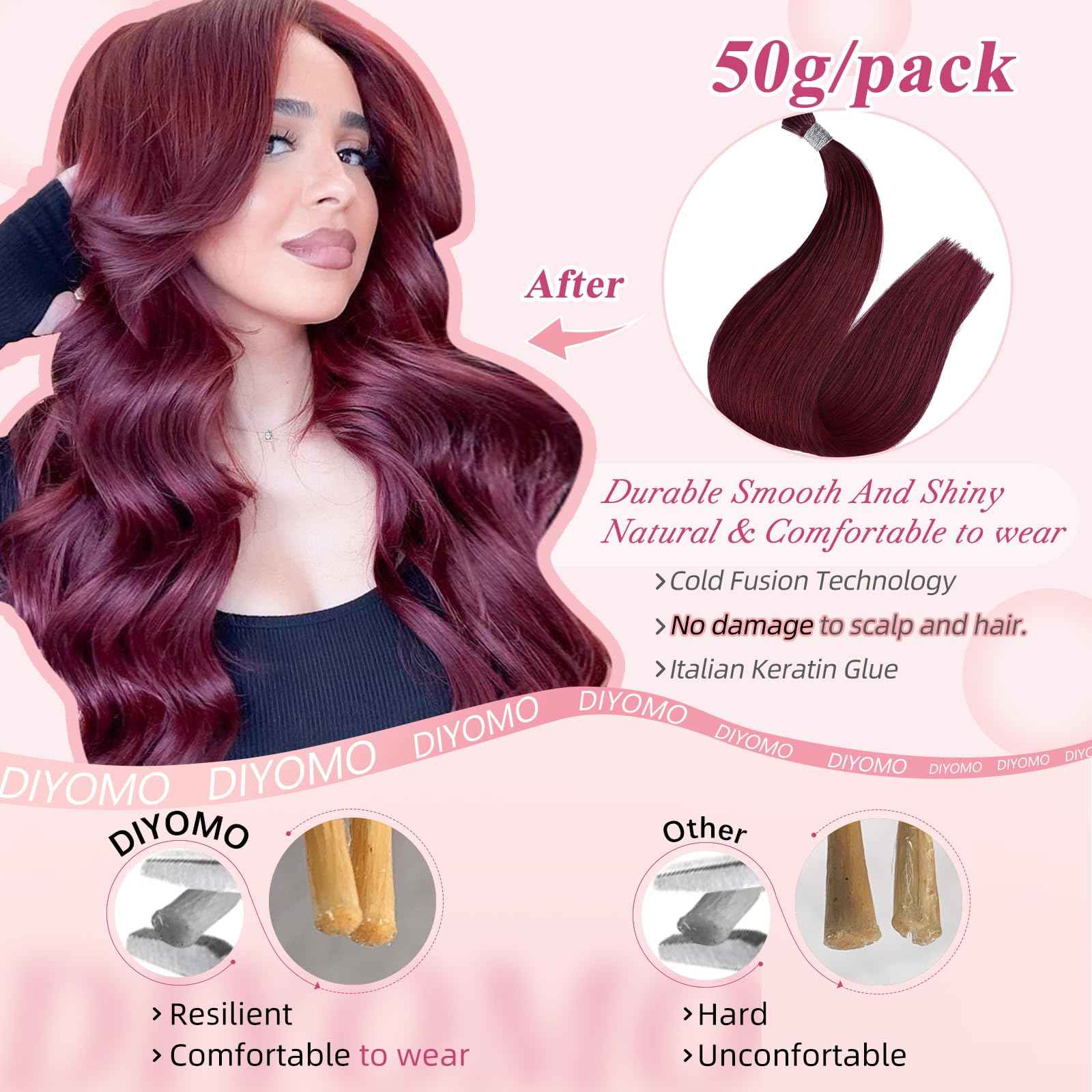 DIYOMO I Tip Hair Extensions Human Hair Wine Red Remy Itip Human Hair #99J Burgundy 20inch Pre Bonded Invisible I Tip Hair Extensions Straight Stick 50g/60s