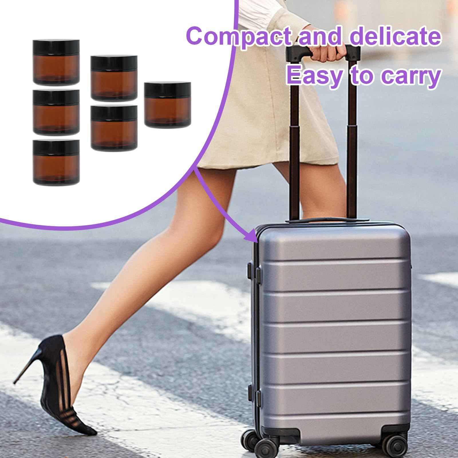 2oz Small Travel Containers with Black Lids,48 Pack Amber Glass Jars with Mini Disposable Spatula for Toiletries，Travel Storage，Makeup Beauty Products, Lotions, Powders and Ointments