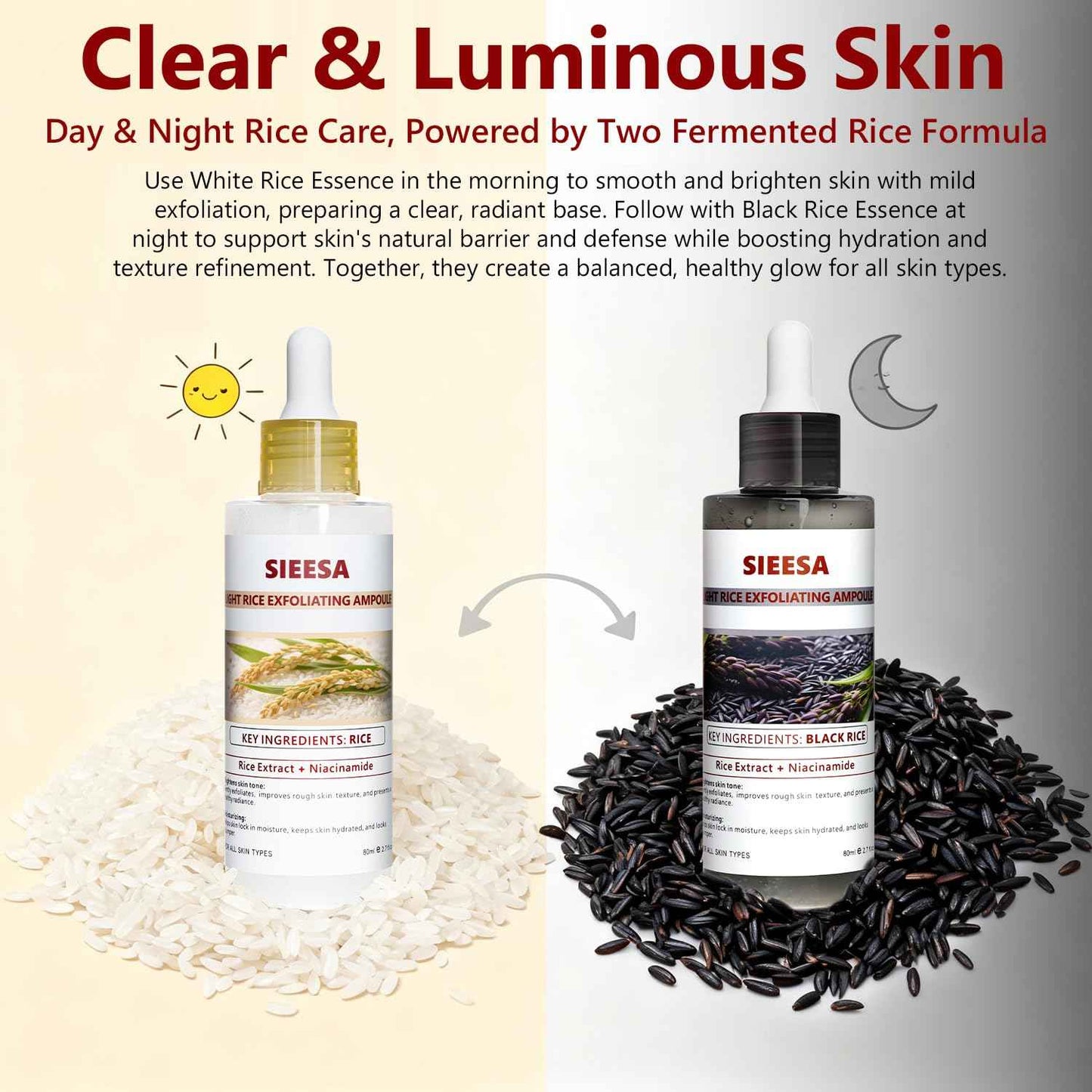 Rice Peel Shot,Peel Shot Glow Rice Ampoule Duo, White&Black Rice Exfoliant,Removes Dead Skin and Blackheads,Niacinamide Controls Oil Salicylic Acid Gentle Pore Clean, For Various SkinS(5.4 fl oz)