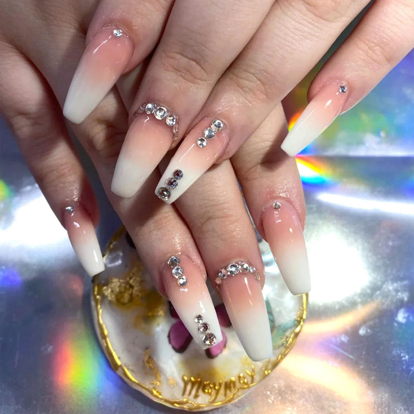 Pink Long Press on Nails Coffin White Gradient Acrylic Nails Press ons with Rhinestones Design Full Cover False Nails with Glue for Women and Girls 24Pcs