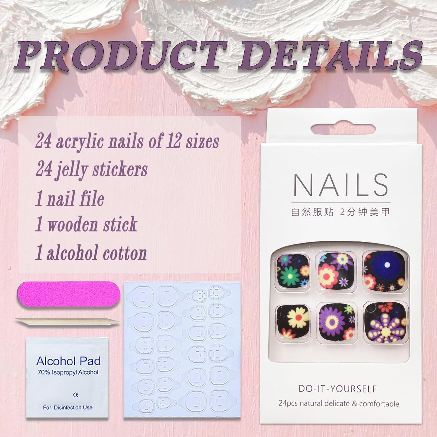 Summer Press on Toenails Short Square False Nail Black Full Cover Designs Colorful Floral Cute Fake Toe Nails Reusable Glossy Acrylic Fake Toe Nails Art Kits for Women Girls 24Pcs