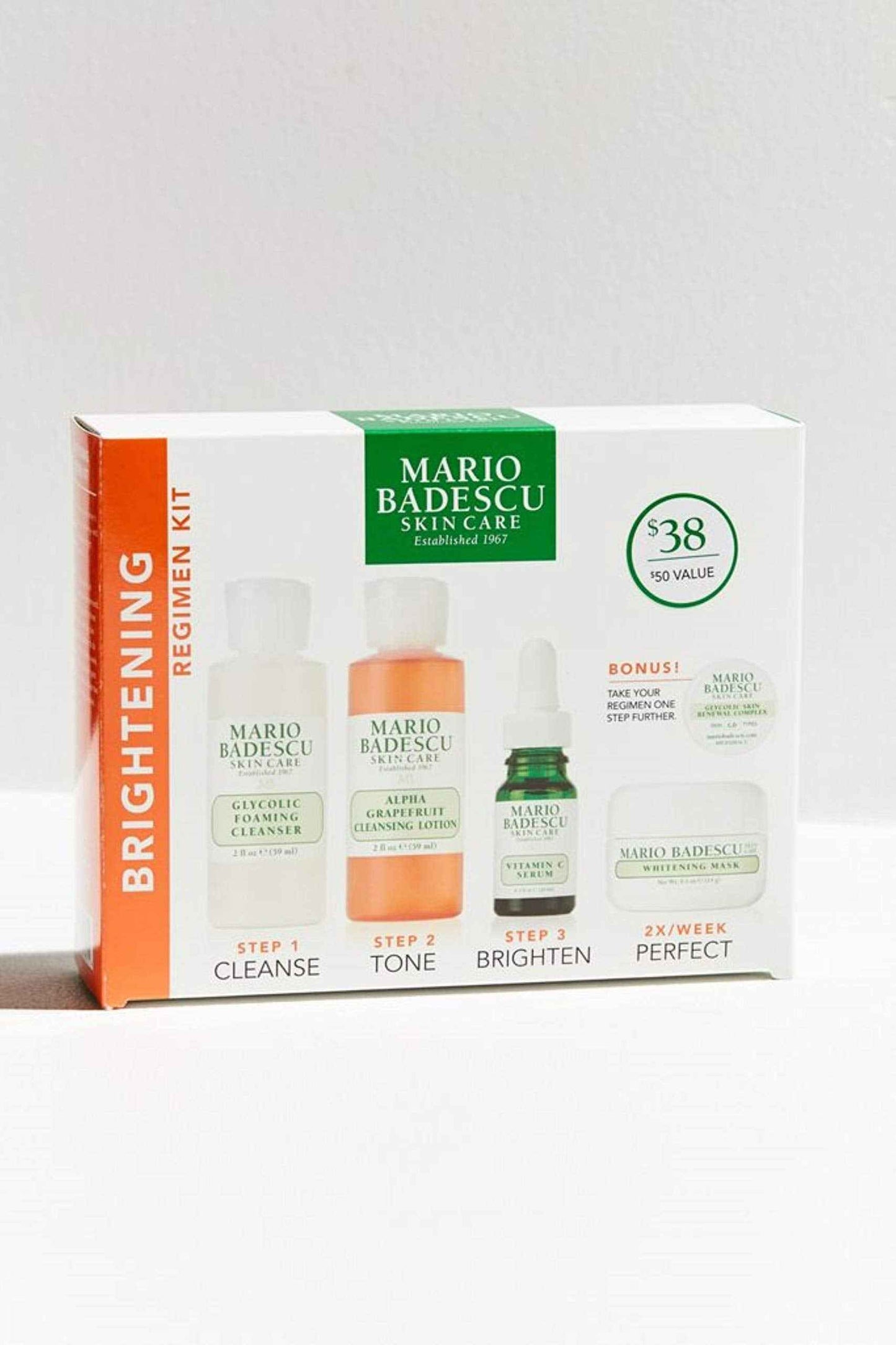 Mario Badescu The Brightening Kit, 5 Piece Kit With Glycolic Foaming Cleanser, Alpha Grapefruit Cleansing Lotion, Vitamin C Serum, Whitening Mask & Glycolic Skin Renewal Complex