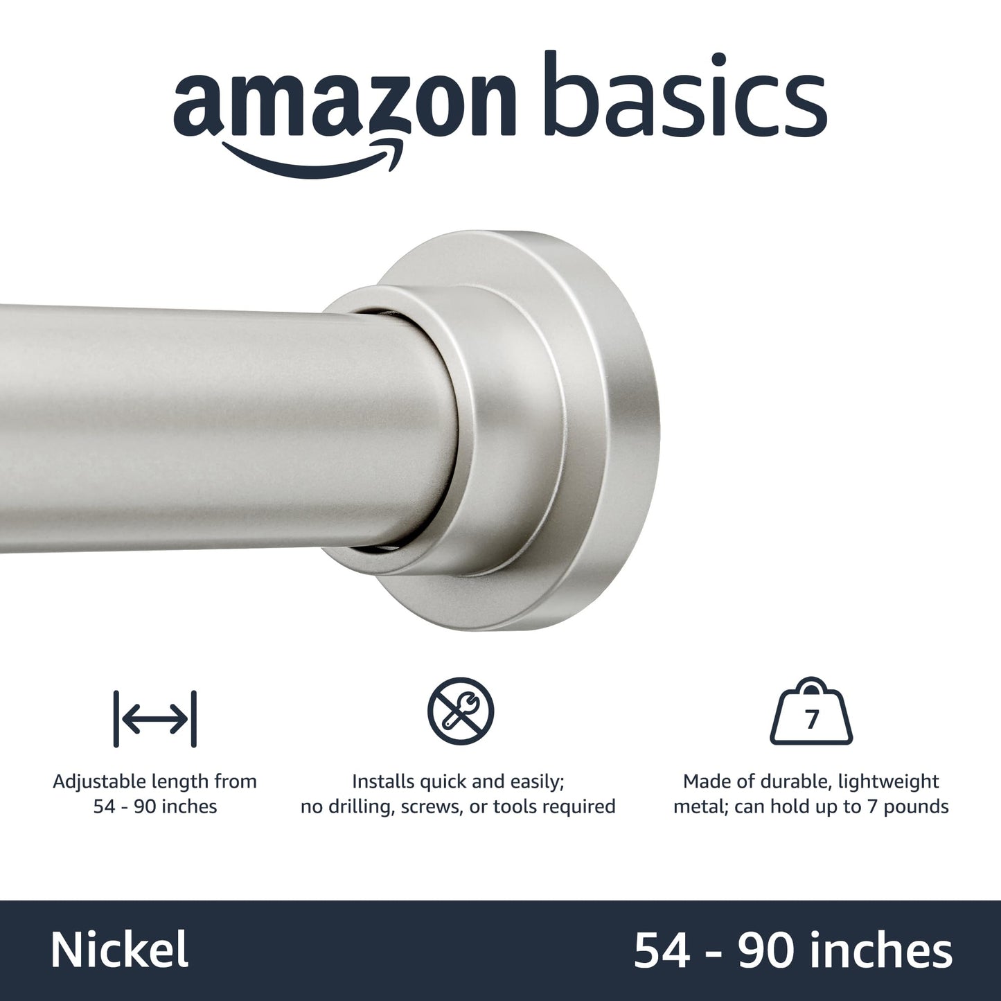 Amazon Basics Adjustable Indoor Outdoor Tension Curtain Rod, 54-90" Length, Nickel