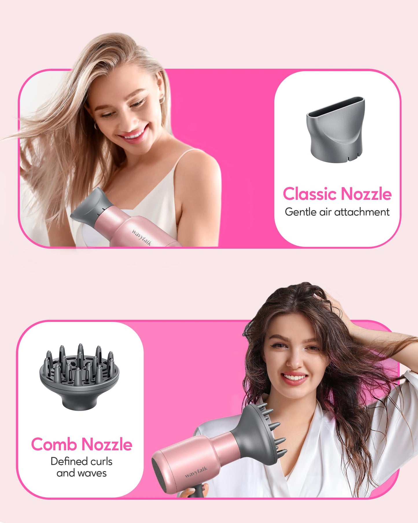 Wavytalk Ionic Hair Dryer Blow Dryer with Diffuser Concentrator Nozzles Comb and Brush Negative Ions with Ceramic Technology as Salon Light and Quiet 1875W for All Hair Types