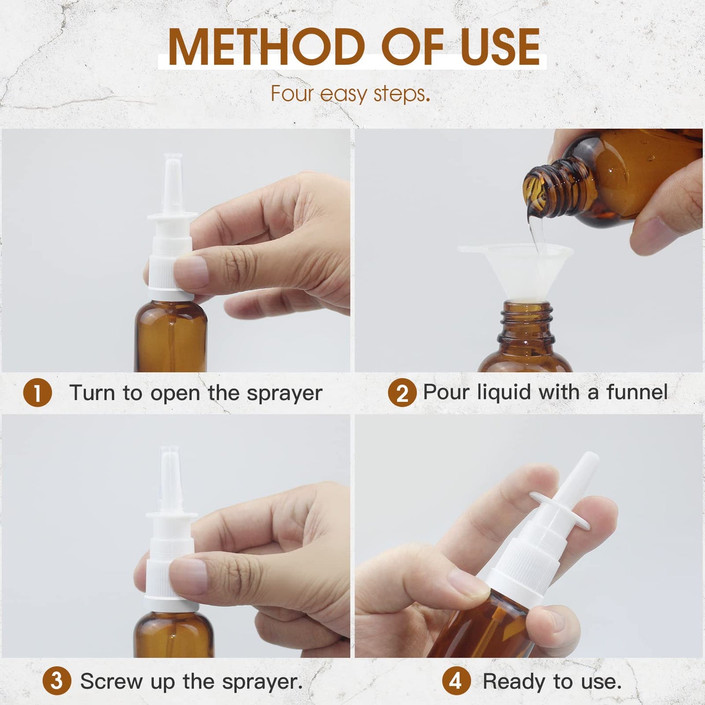 YAKESD Nasal Spray Bottle, 6 Pcs 30ML/1oz Glass Amber Refillable Fine Mist Sprayers Atomizers, Small Empty Nasal Sprayer with Oils Spray Tops, Oral/Swivel Sprayers, Funnels and Labels