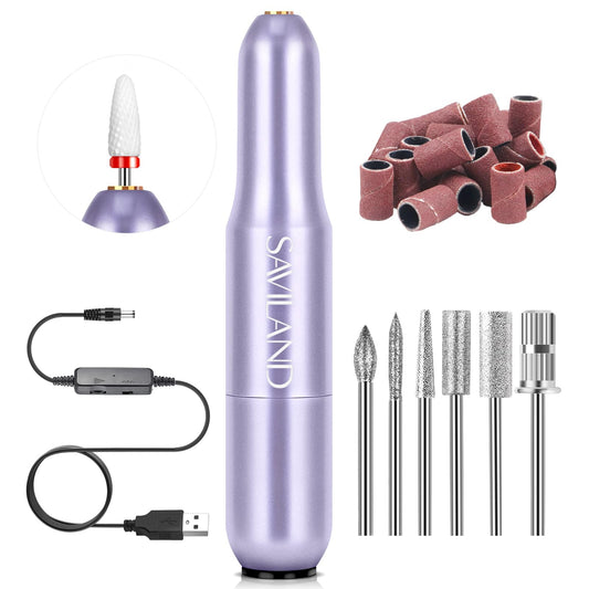 SAVILAND Nail Drill: Portable Electric Nail Drill Kit 20000RPM Nail Drill Purple 7 Nail Drill Bits Cuticle Bit Nail File (100/180 Grit) 51 Sanding Bands Beginners at Home Manicure Pedicure