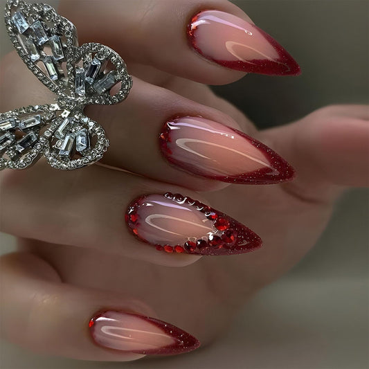 Red French Press on Nails Medium Almond Fake Nails with Silver Glitter Design Full Cover Nails Press ons Rhinestones Acrylic Nails Wedding False Nails for Women Girl 24 Pcs