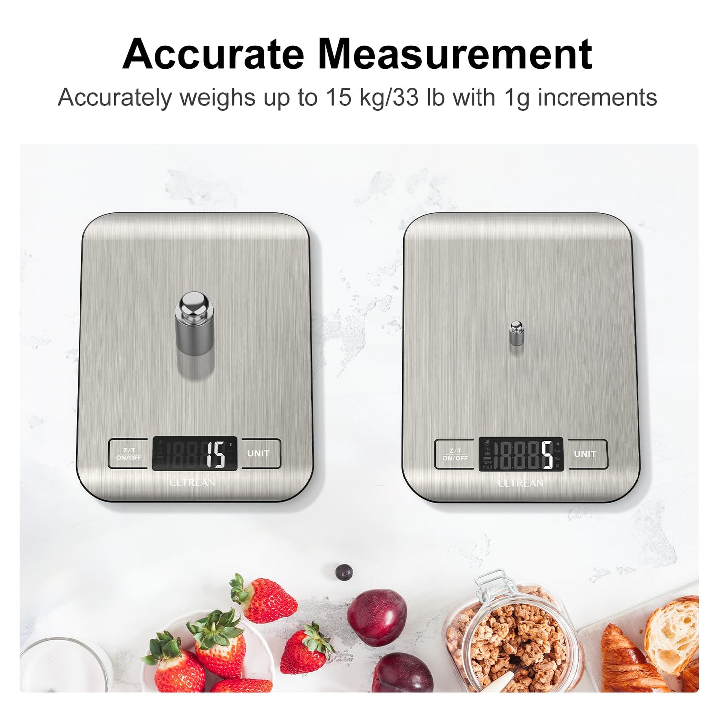 Ultrean Digital Kitchen Scale,Mechanical Cooking Scales Weight Grams and Ounces for Baking Cooking and Meal Prep, 5 Units with Tare Function, 15kg/33lb (Batteries Included)