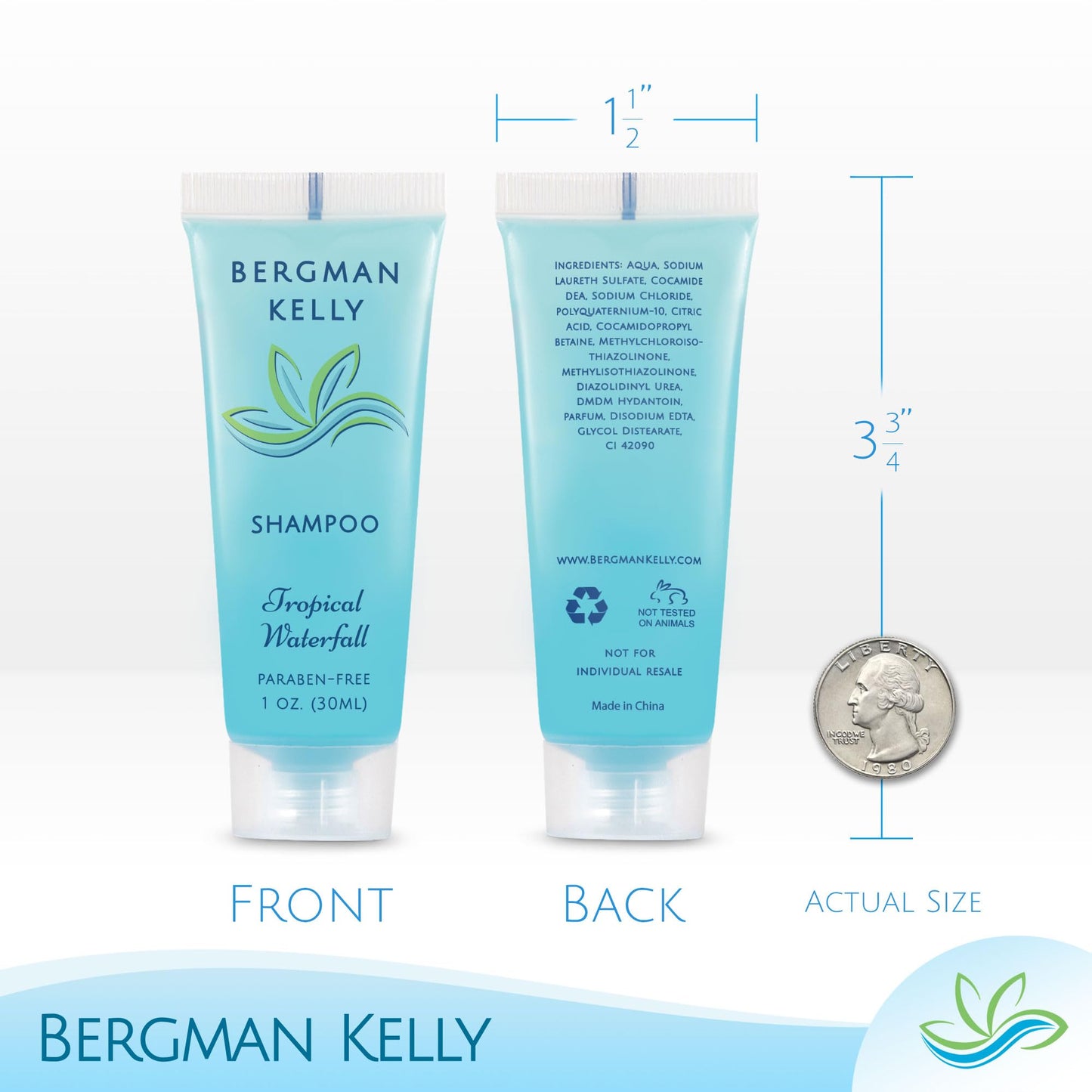 BERGMAN KELLY Hotel Toiletries Bundle (Tropical Waterfall, 1 oz each, 100 Pieces) 4-Piece Set: 25 Round Bar Soap, 25 Shampoo, 25 Conditioner & 25 Body Lotion - Bulk Mini Guest Amenities Supply