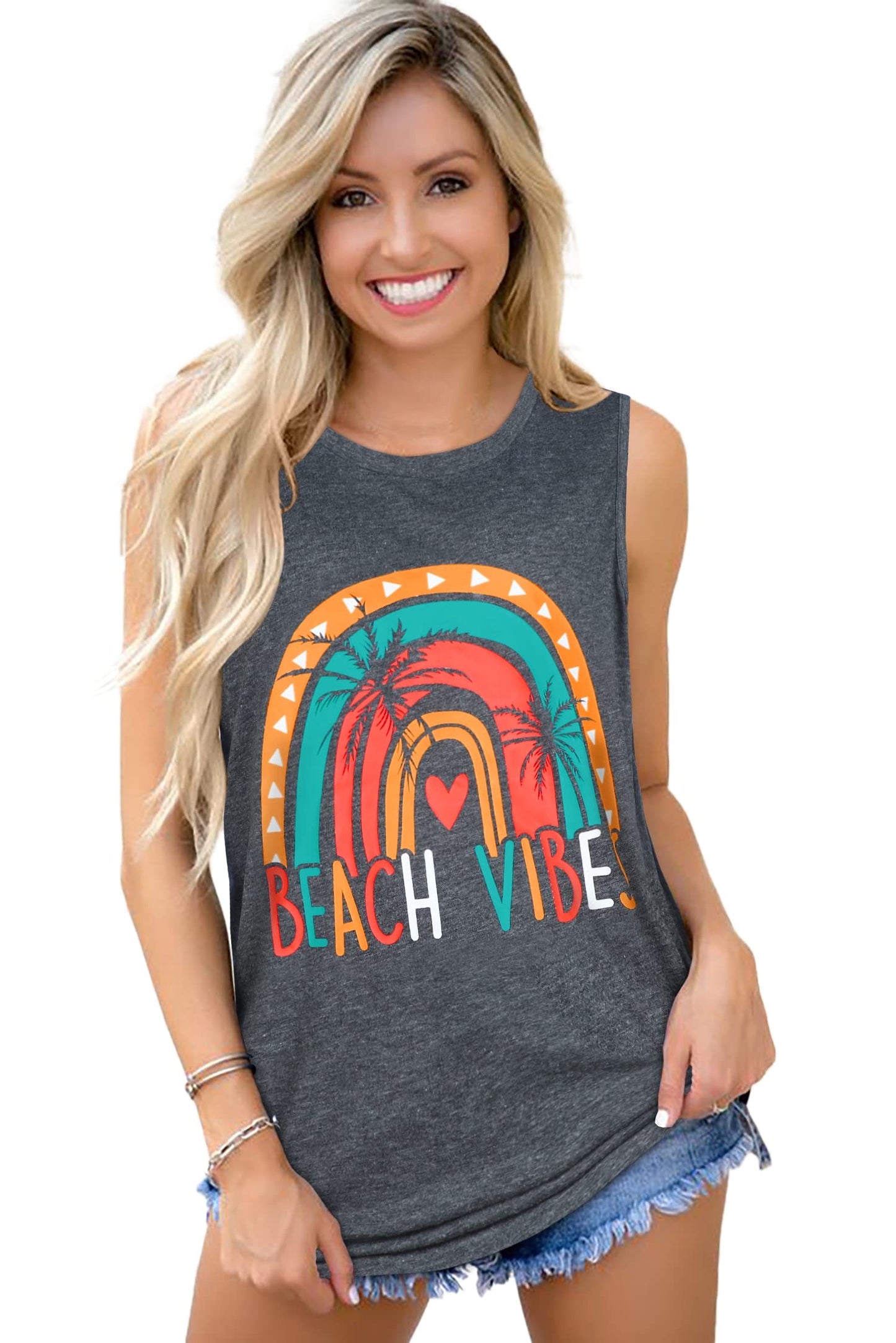 Summer Tank Tops for Women Graphic Rainbow Sleeveless Casual Loose Blouse(Deep Gray Beach, S)