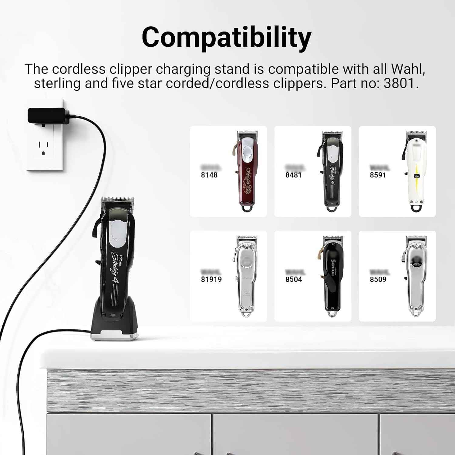 Charger for Wahl Professional Cordless Clipper, Charger Stand Compatible with Wahl, Sterling and 5-Star Cord Clippers 8148 8481 8591 81919 Replacement Parts 3801 Adapter (ONLY Charging Station Base)