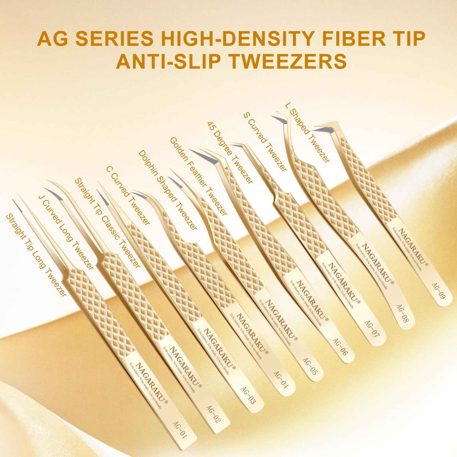 NAGARAKU Precision Fiber Tip Tweezer for Eyelash Extensions Diamond Grip Anti-Static Anti-Slip Premium Gold Stainless Steel Curved Volume Eyelashes Tweezers Supplies with Box(45 Degree Tweezer AG-07)
