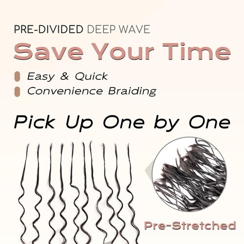 Pre-Divided Deep Wave Human Braiding Hair for Boho Braids Bulk Hair Pre-streached Human Braiding Hair Deep Wave For Black Women (Natural Black, 16 Inch - 160 Roots)